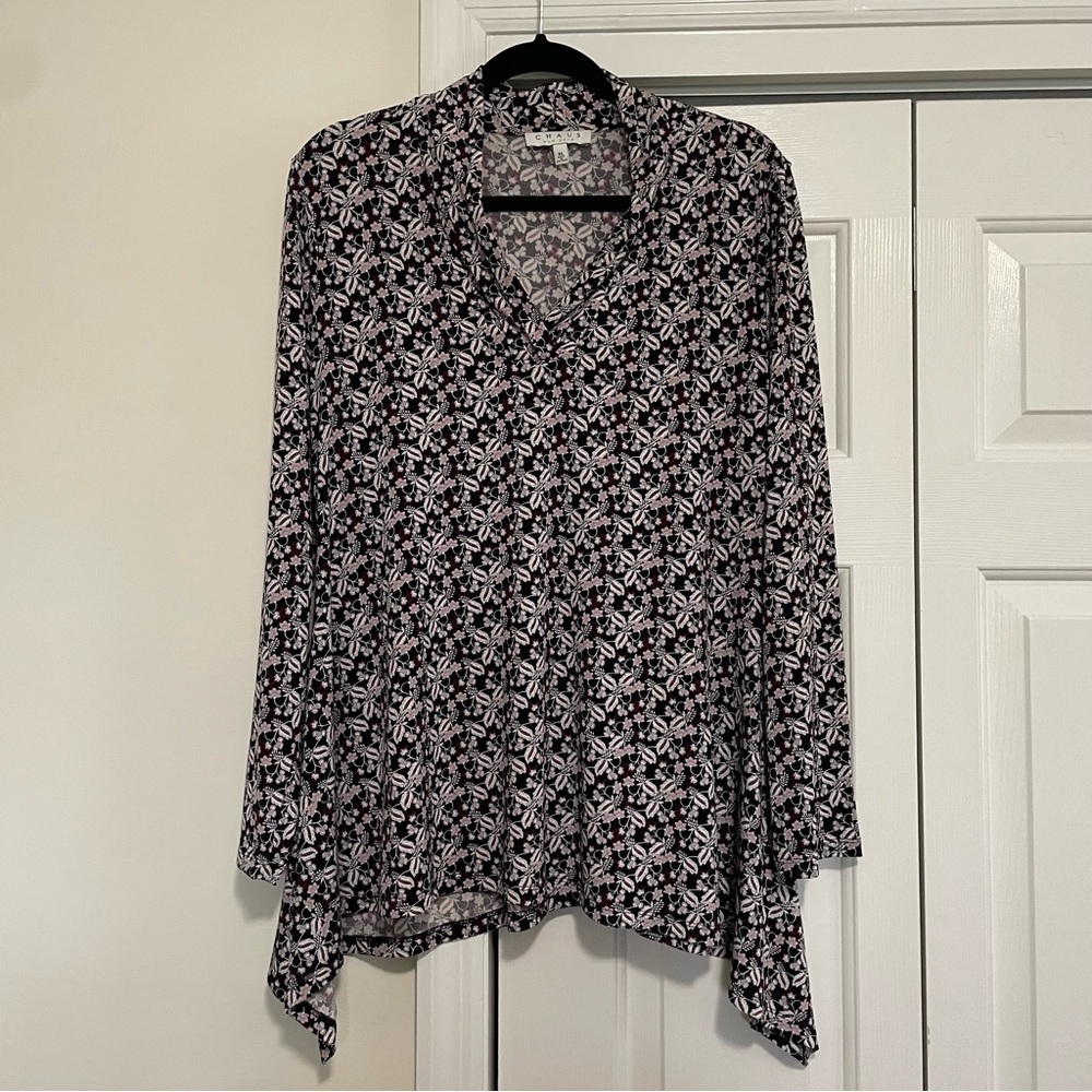 Chaus V Neck Tunic Black White Pink Floral Size XL